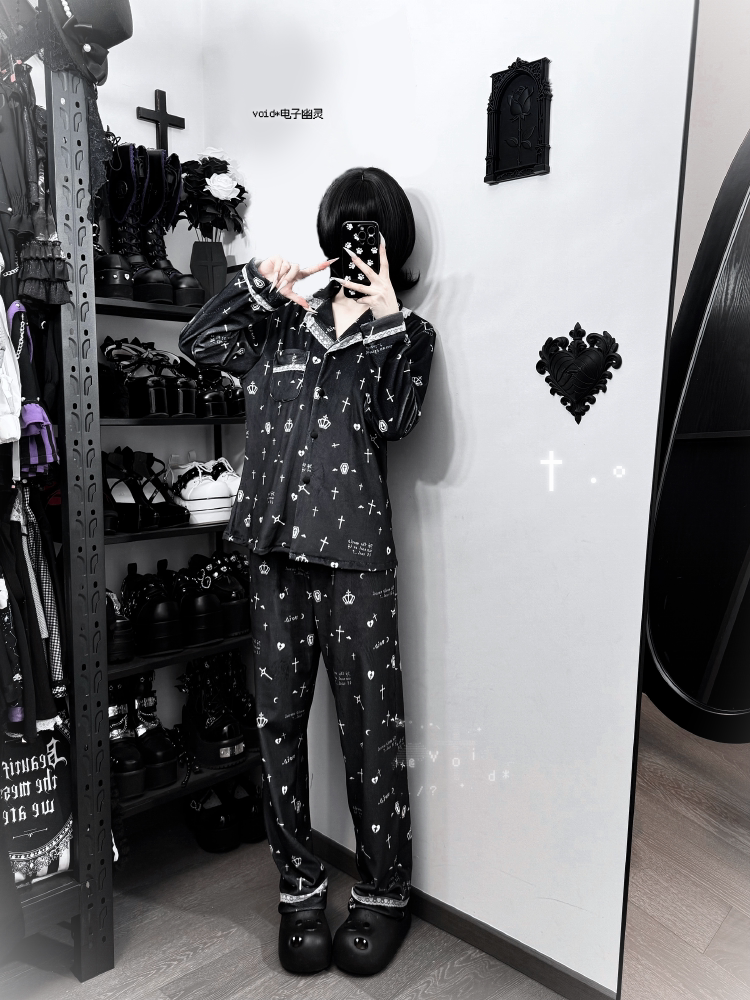 原创加绒十字架双长家居服套装海岛绒void