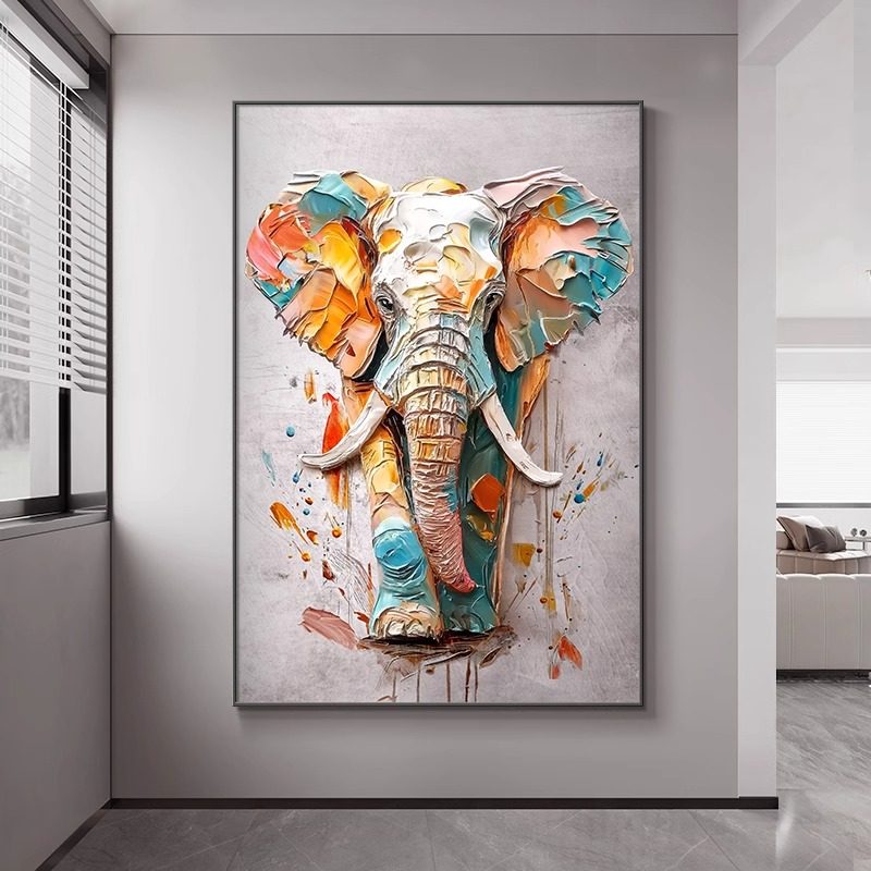 高档彩色大象客厅沙发背景墙挂画抽象肌理落地壁画餐厅玄关装饰画