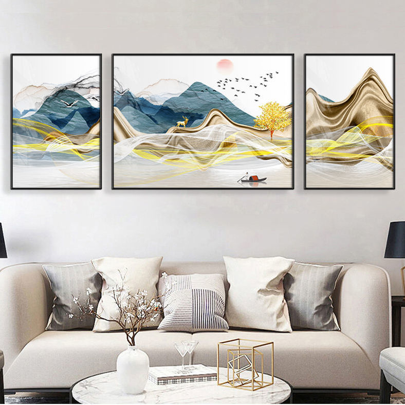 沙发背景墙挂画三联画客厅装饰画晶瓷画现代简约轻奢大气山水壁画