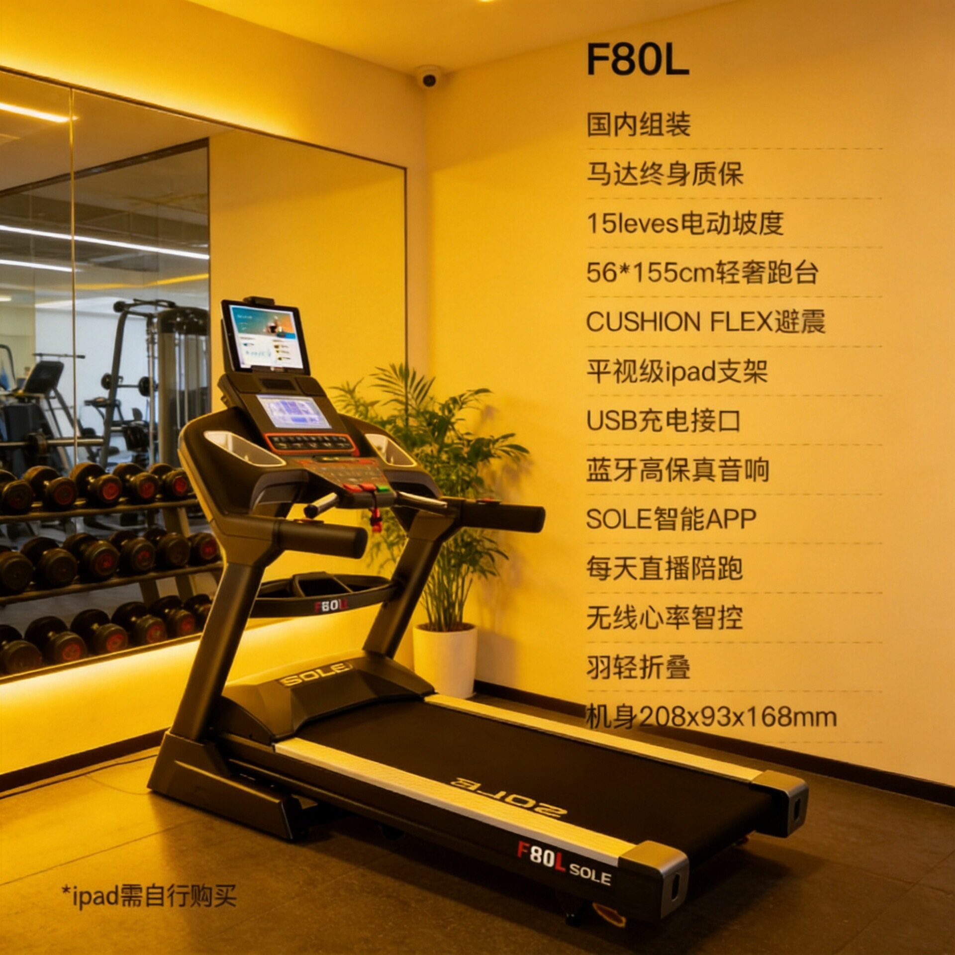 美国速尔SOLE F80L电动跑步机 家用商用可折叠健身器材
