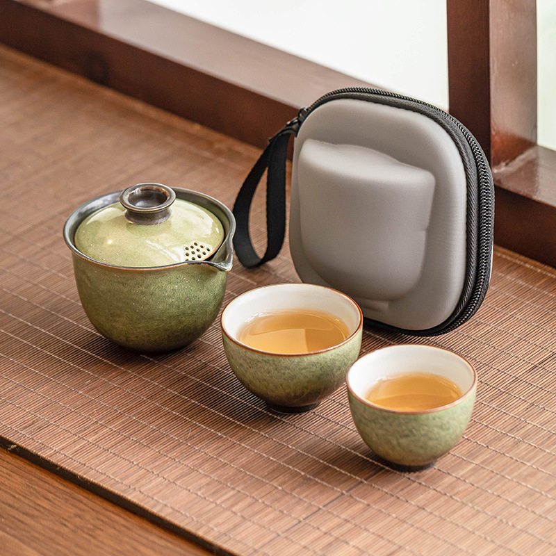 工厂窑变旅行茶具套装碧绿星空手抓壶陶瓷茶杯一壶二杯户外便携式
