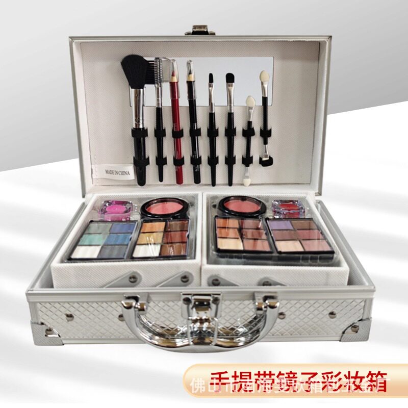 新品定制批发分格带镜子手提彩妆箱格纹面料化妆品收纳箱