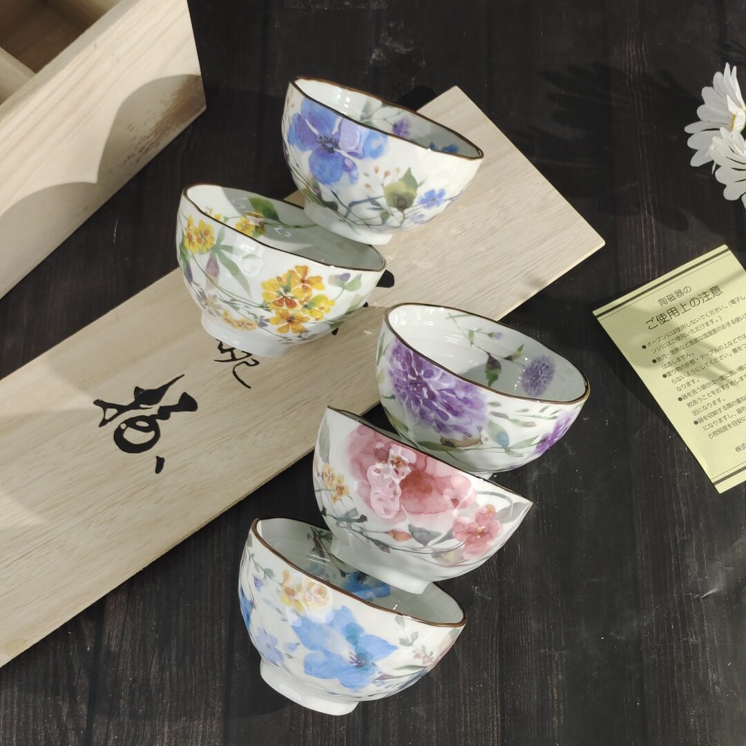 日式锦荣春陶瓷碗繁花系列日本釉下彩饭碗霜天晓五碗餐具套组