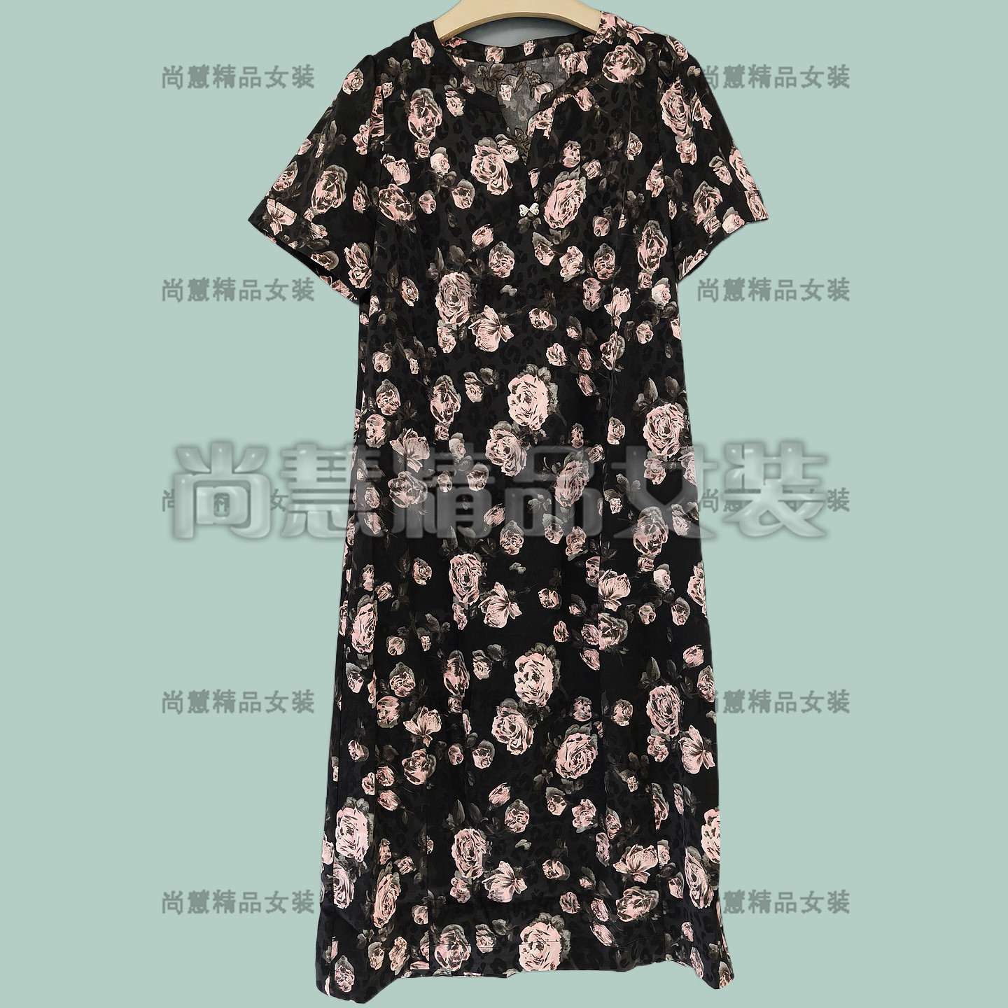 2026春夏新款女装7059D时尚优雅深底粉玫瑰印花短袖连衣裙洋装