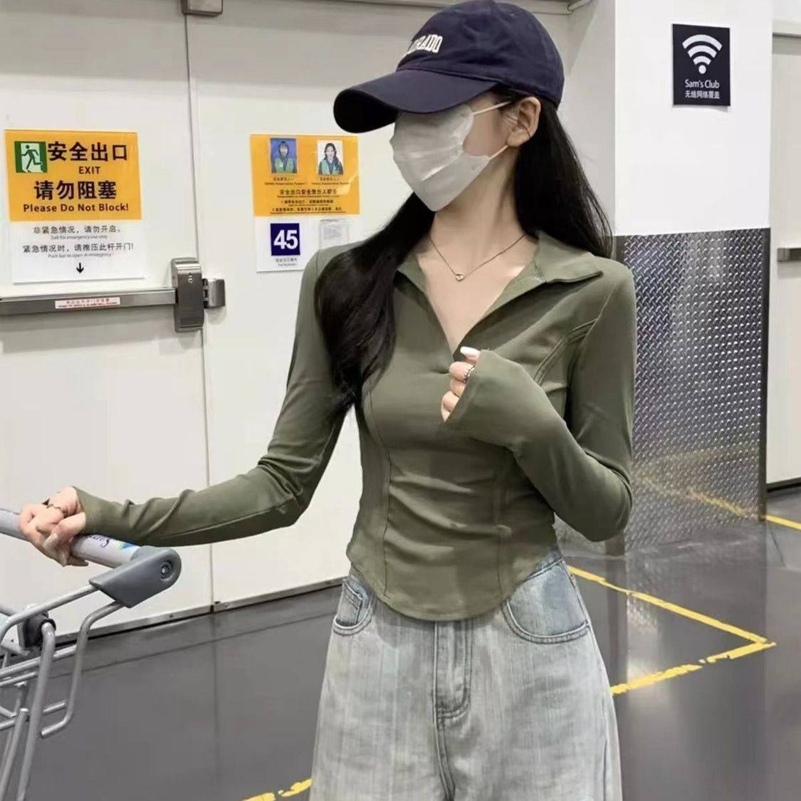 美式辣妹显瘦德绒长袖打底上衣女