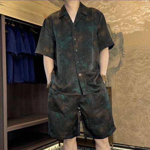 夏季薄款男士衬衫短袖短裤两件套