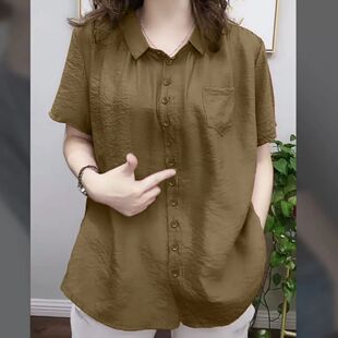 胖人女装胖妈妈加肥加大码衬衫遮肚子上衣老年人女装短袖开衫