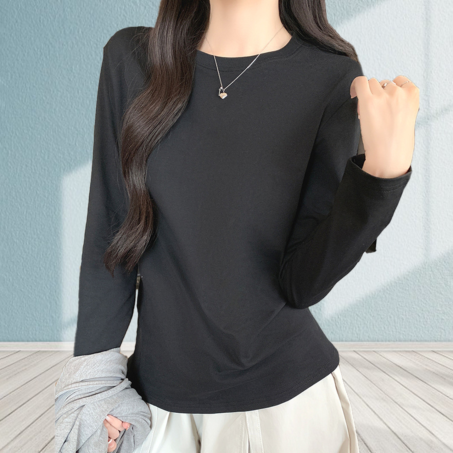 纯棉圆领长袖T恤女早秋内搭宽松超好看显瘦百搭正肩打底衫上衣潮