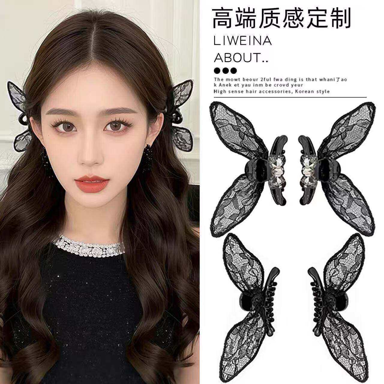 蕾丝兔耳朵蝴蝶结发夹女气质水钻公主头小抓夹前额侧边刘海夹头饰