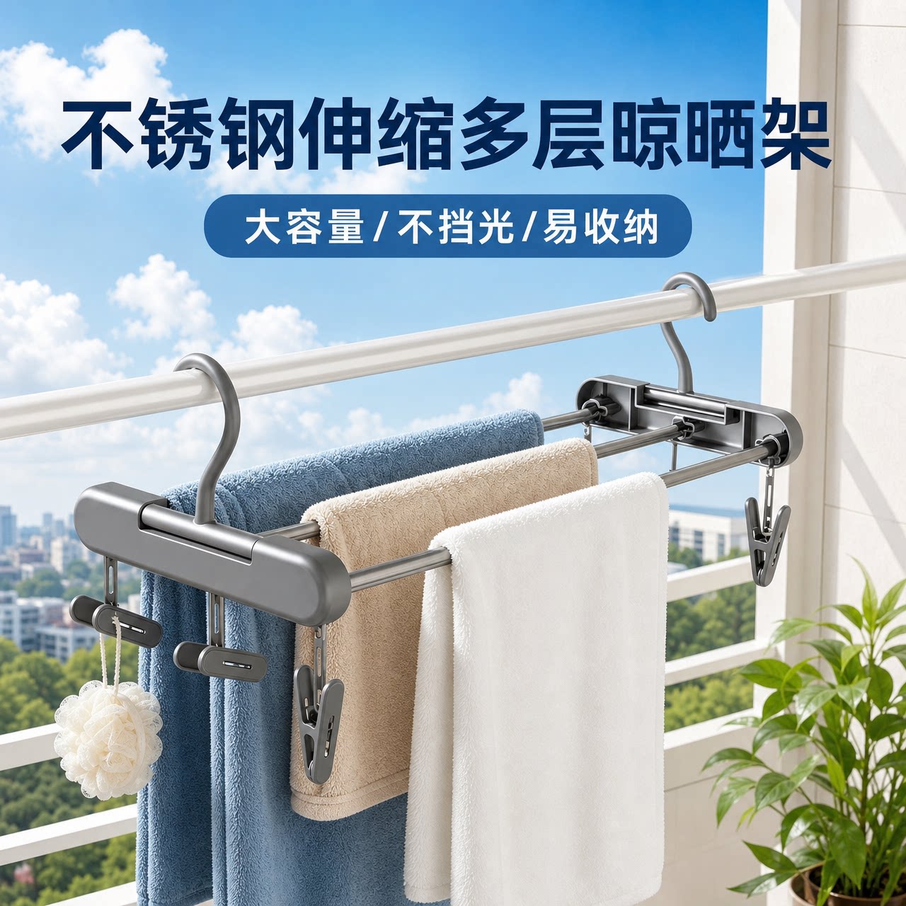 不锈钢伸缩多层晾衣架悬挂式防盗窗宿舍围栏室内外窗台阳台晾衣