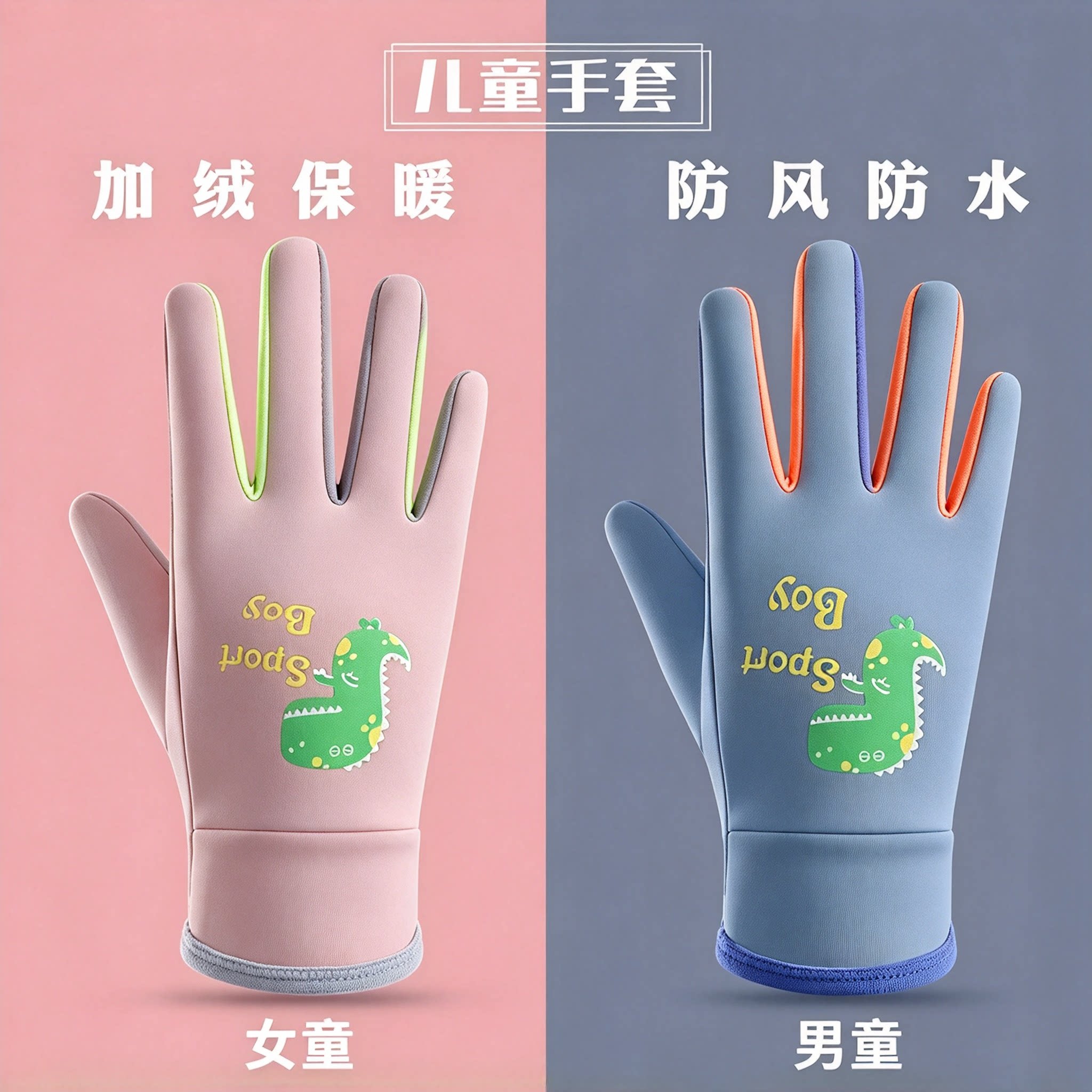 儿童手套秋冬季加绒保暖小学生男童女孩加厚骑车防风防水户外骑行