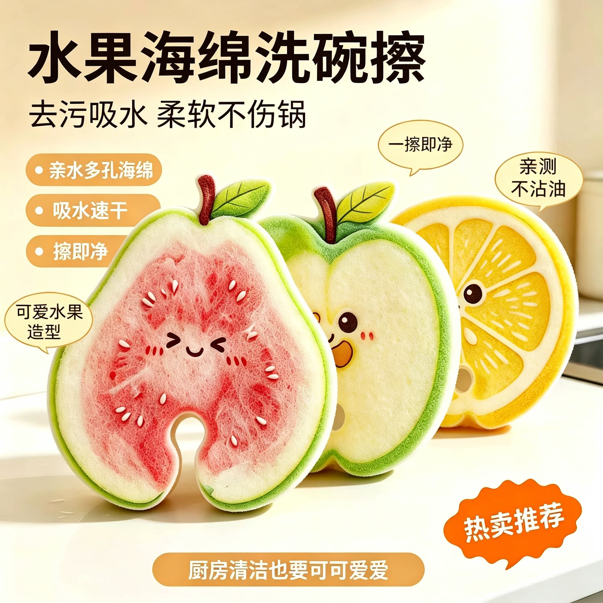 水果家用洗碗厨房洗锅刷锅清洁神器易清洗海绵擦吸水加厚创意可爱