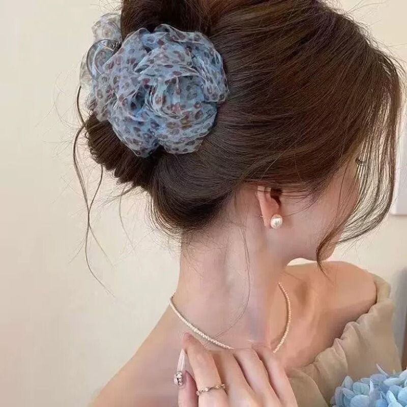 豹纹网纱花朵抓夹女高级感巨好看鲨鱼夹2026新款盘发夹后脑勺发饰
