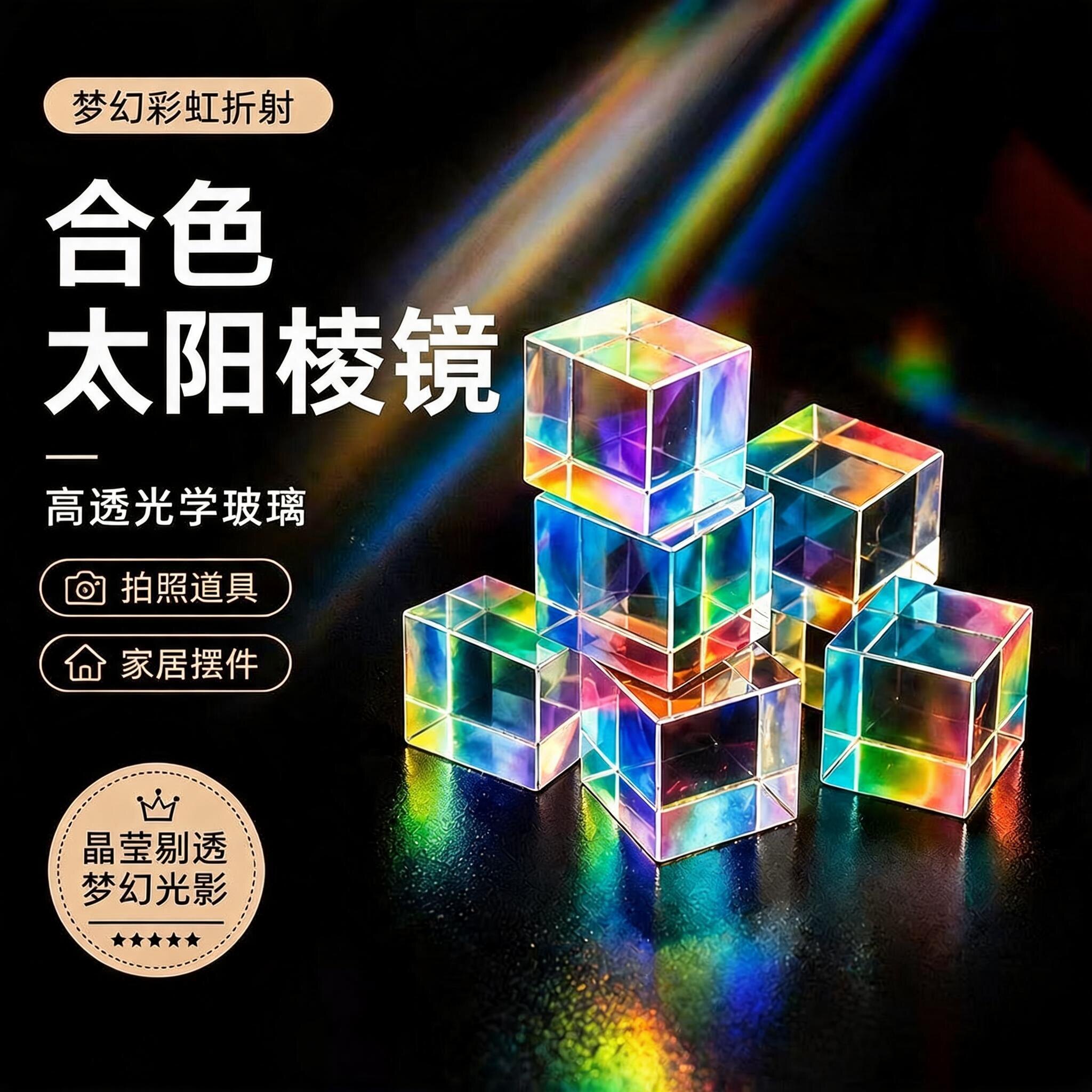 合色棱镜太阳捕手光之立方体家用装饰玻璃摆件解压创意礼物棱光镜