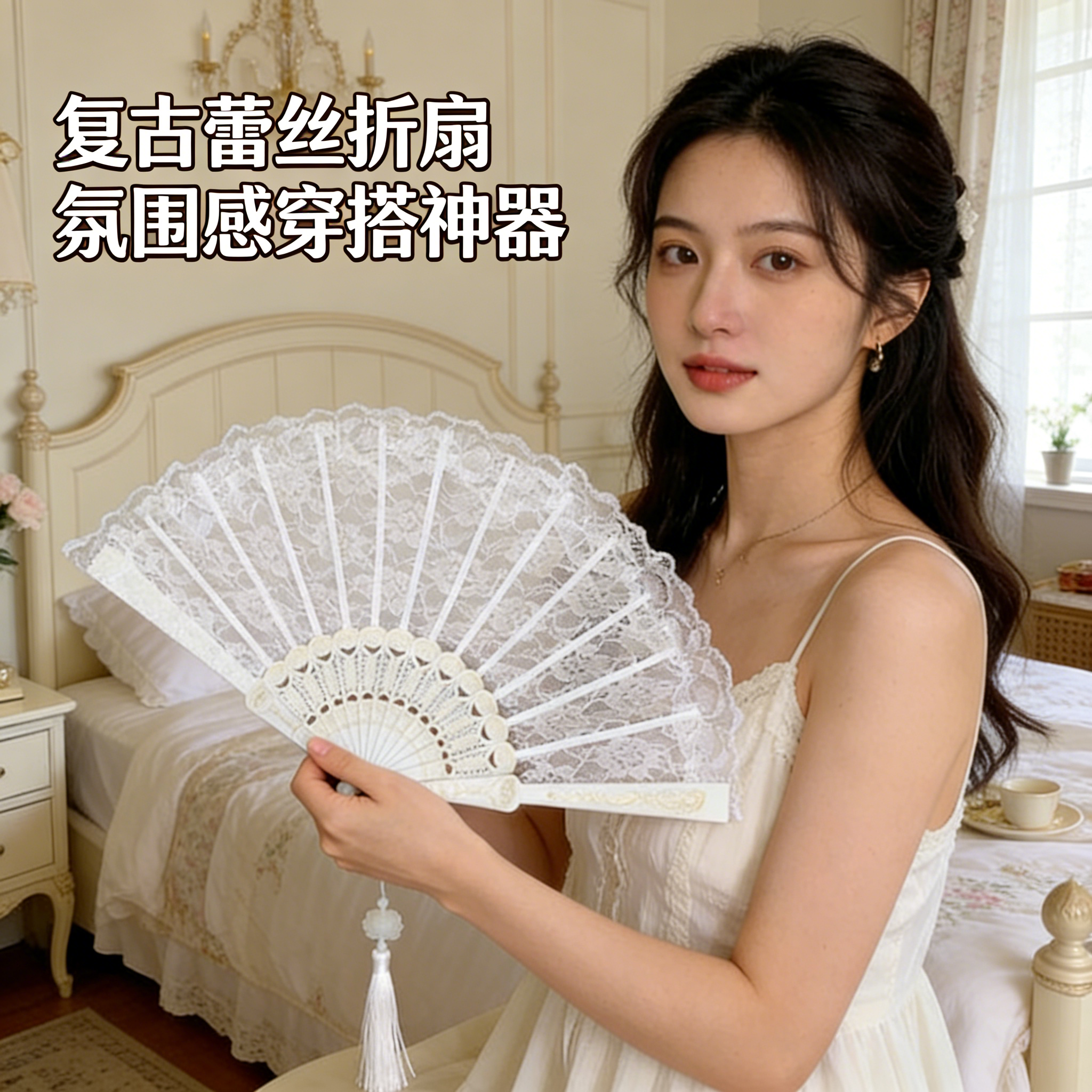 新中式复古中华娘配饰黑蕾丝折扇洛丽塔旗袍黑金扇子古风拍照道具