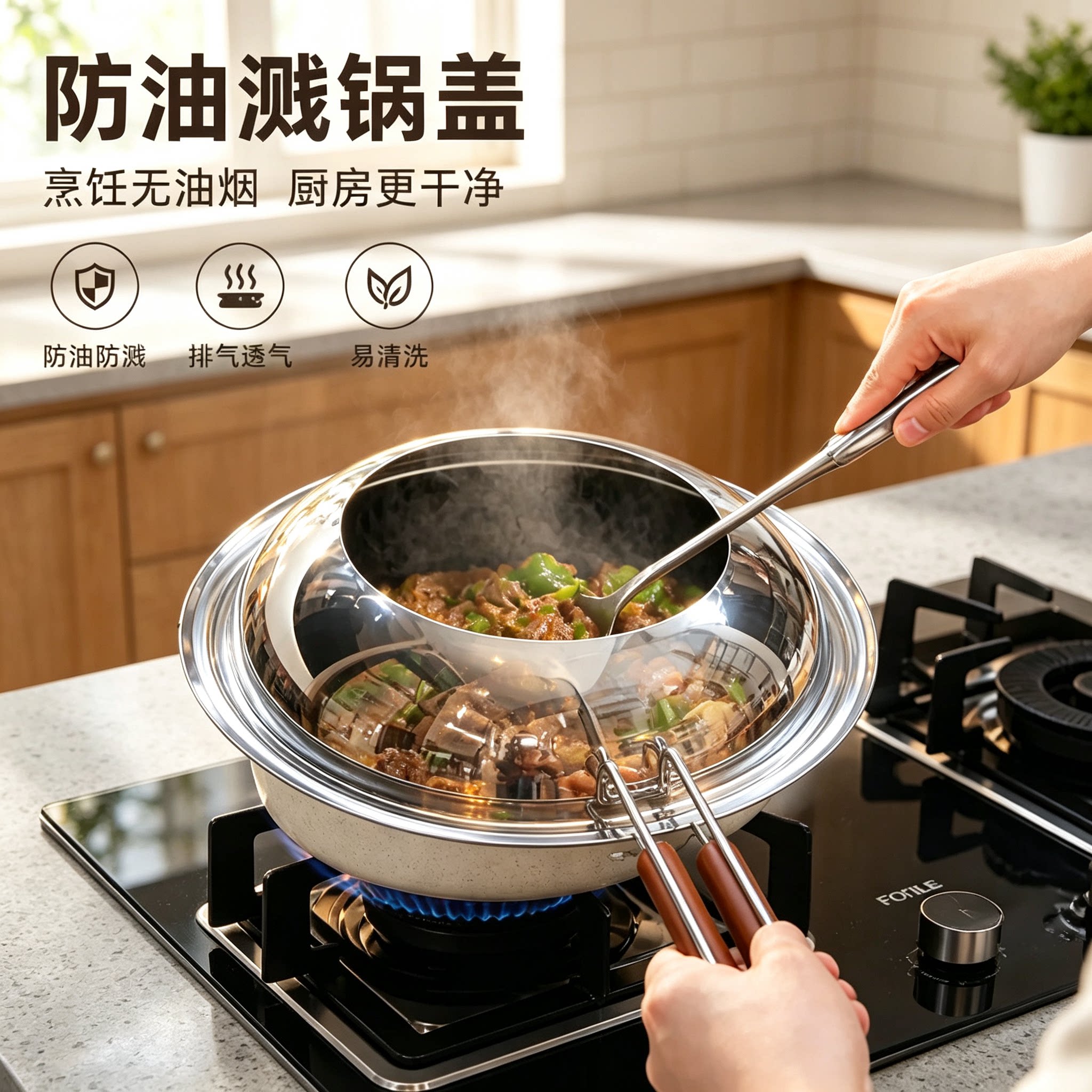 不锈钢防溅油锅盖加厚加高可透视玻璃组合锅盖家庭小炒平底锅炒锅