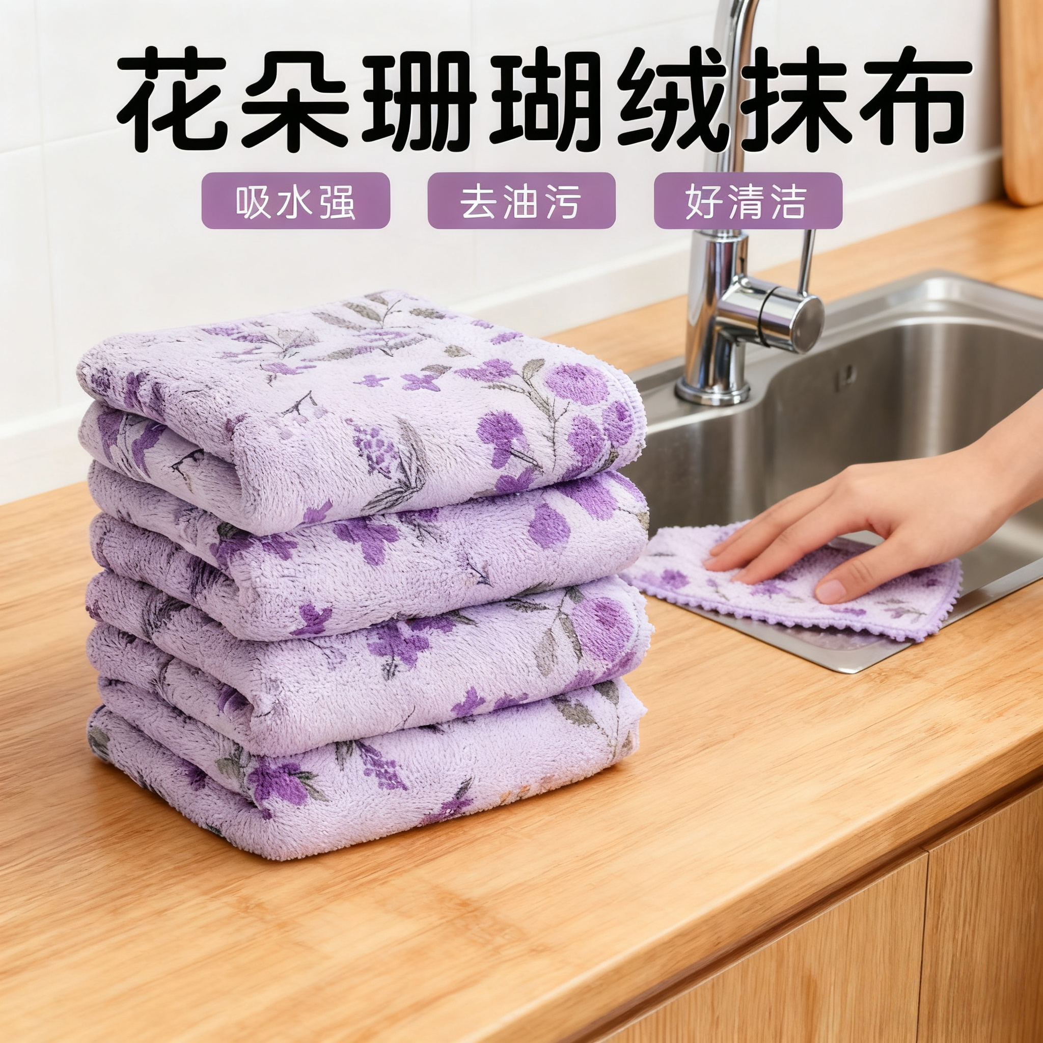 厨房专用强力吸水不掉毛抹布珊瑚绒家用印花加厚不沾油毛巾洗碗布