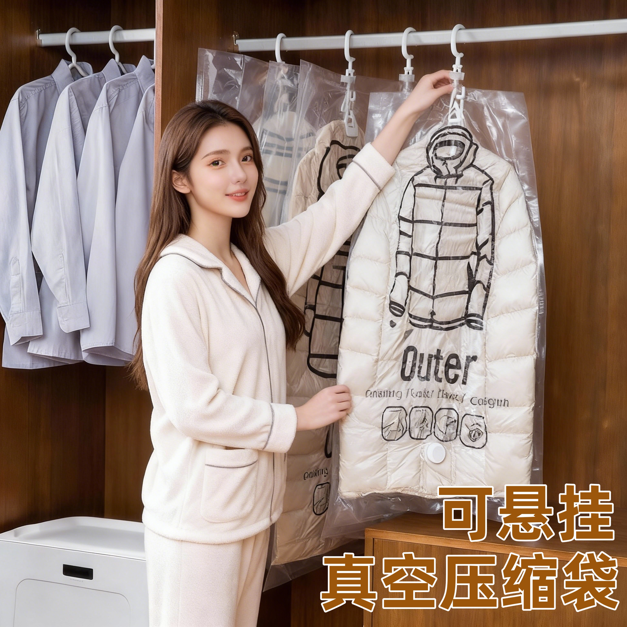 可挂式羽绒服专用透明收纳袋防尘整理衣物防尘罩大号抽真空压缩袋