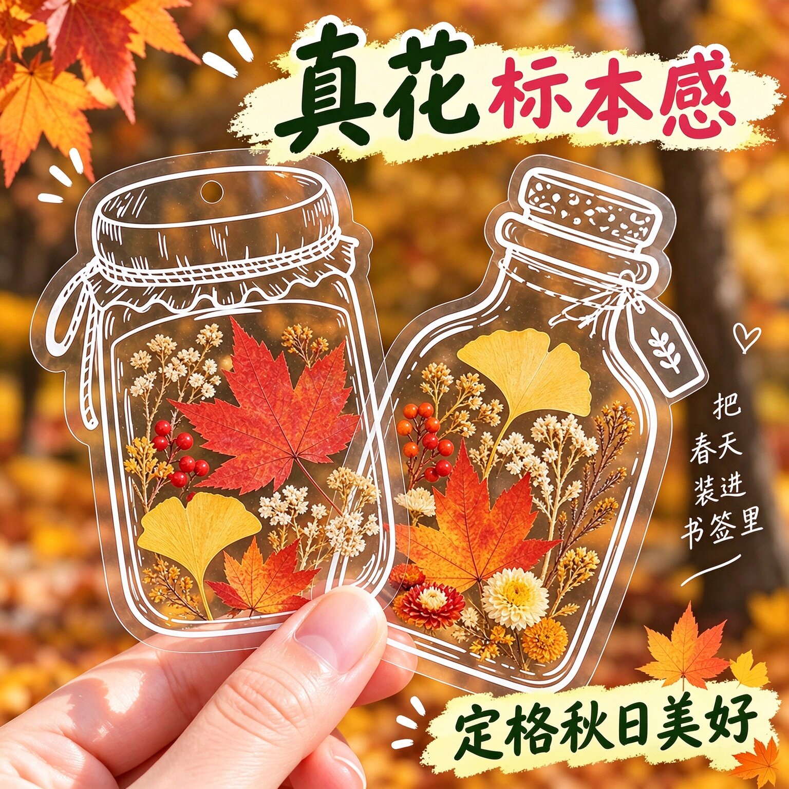干花书签植物标本塑封膜秋天收集枫叶手工diy材料透明树叶粘贴画