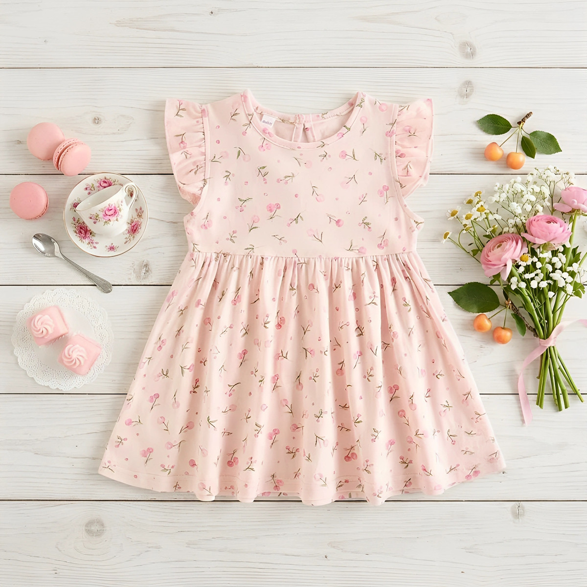可爱粉色碎花女童连衣裙女宝宝夏装儿童裙子复古洋气婴儿衣服
