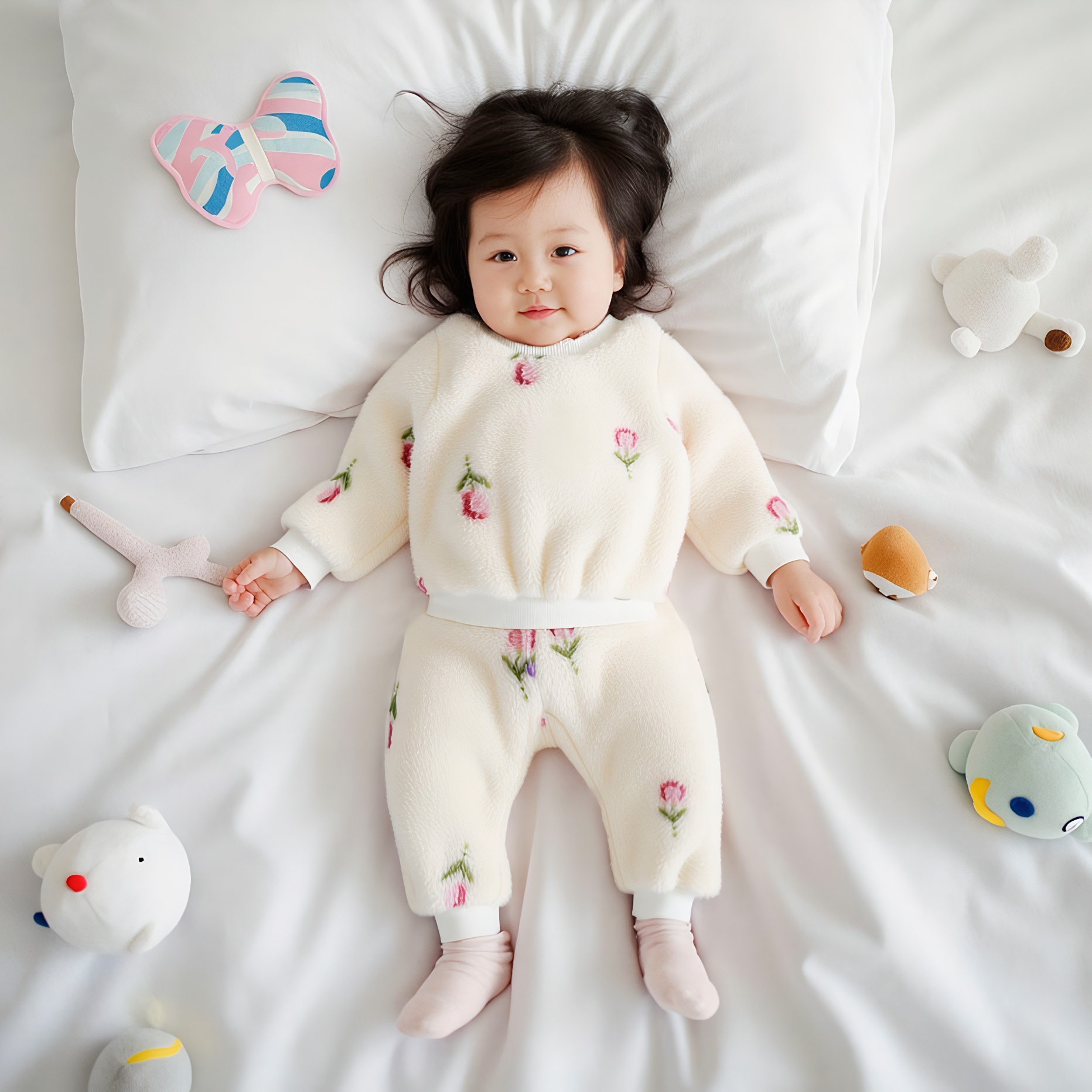 秋冬花朵童装套装女宝宝韩版加绒碎花保暖婴儿服装儿童加厚家居服