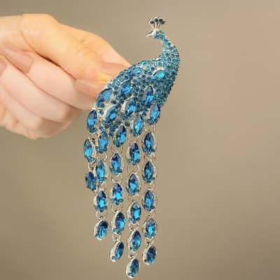 合金胸针 时尚蓝色孔雀胸针百搭复古长尾巴流苏孔雀胸花重工精致