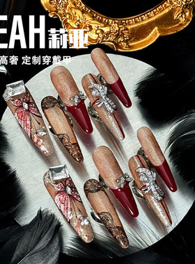 LEAH莉亚｜烈火梦蝶 新款高级绝美中长款美甲穿戴甲蕾丝红色手工