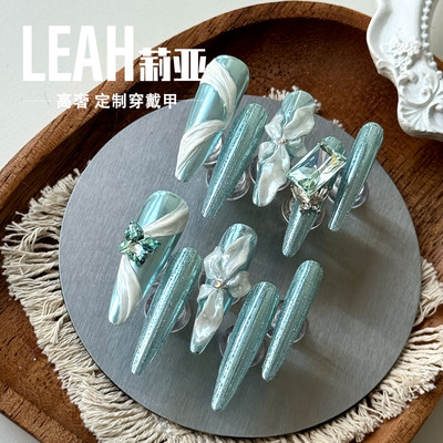 LEAH莉亚｜宝石马提尼 美甲穿戴甲手工雕花丝带闪钻金属蓝纯手工