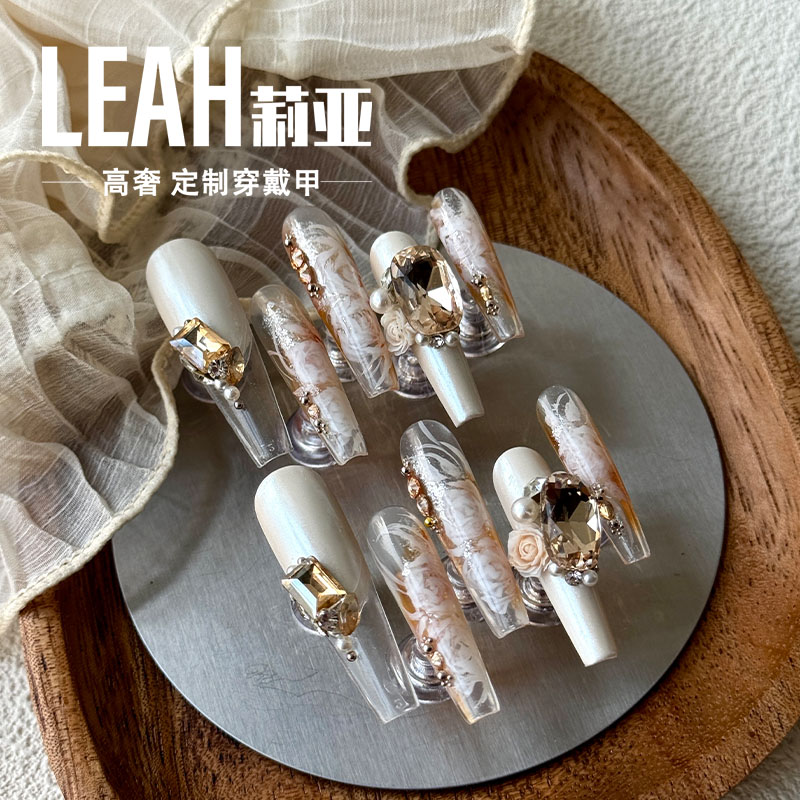 LEAH莉亚｜香槟玫瑰 美甲穿戴甲手绘花卉闪钻锆石纯手工气质典雅
