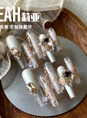 LEAH莉亚｜香槟玫瑰 高级质感新款美甲穿戴甲长款纯手工新娘婚甲