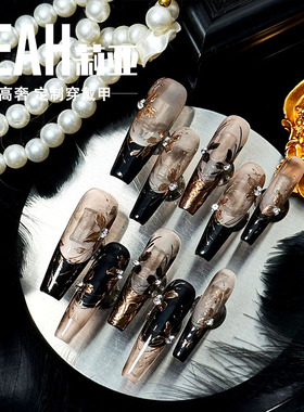 LEAH莉亚｜老钱鎏金花卉新款高级质感美甲穿戴甲长款千金黑色手工