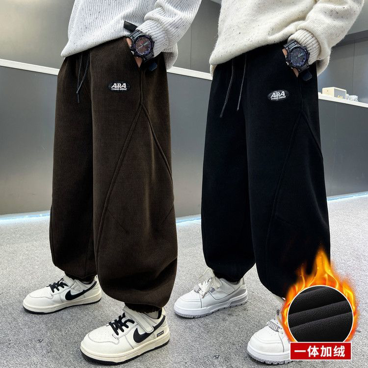 男童秋冬款裤子加绒加厚2026新款初中生冬季一体绒儿童束脚卫裤潮