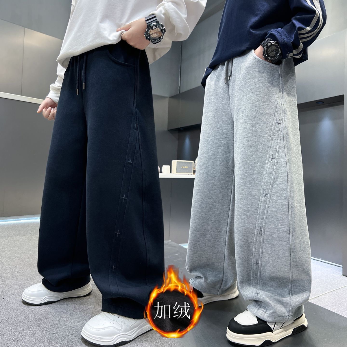 男童裤子秋冬款加绒加厚中大童直筒运动卫裤宽松儿童春秋休闲长裤