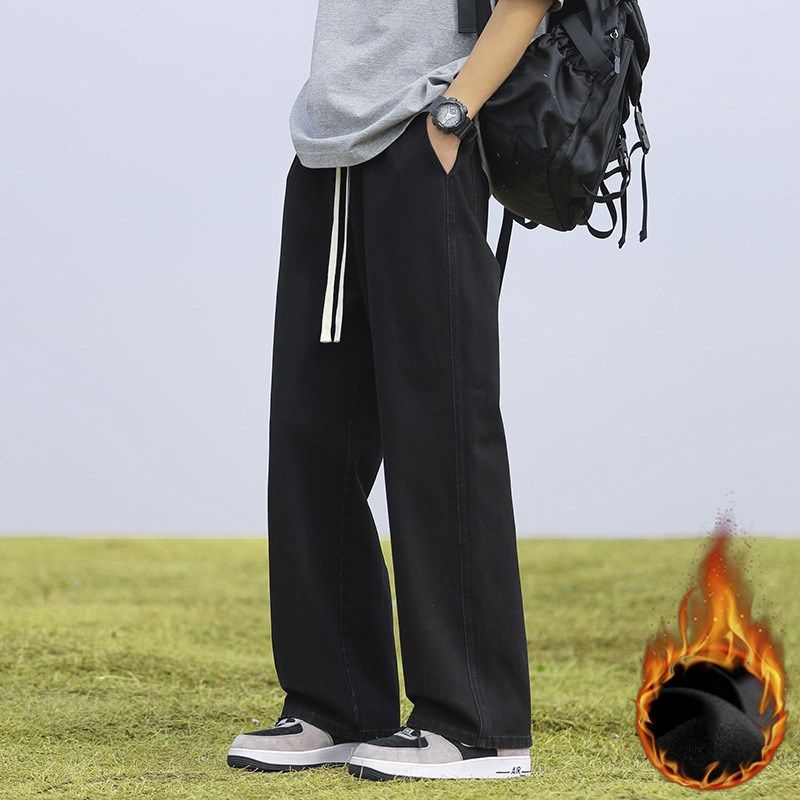 Mens Versatile Jeans Loose Straight Thickened with Velvet Te