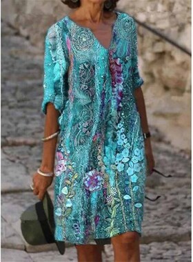 2025 Womens Casual SpringSummer Loose Printed MidSleeve VNec