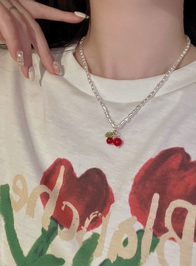 Summer Pearl Cherry Necklace Womens Light Luxury Charming Ne