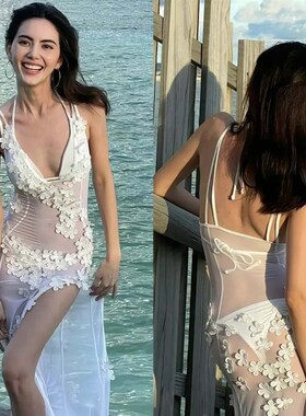 Sexy Strapless Bikini 3D Flower Straps Long Resort Swimwear