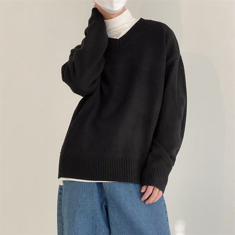 VNeck Sweater for Men Solid Color Relaxed Fit Long Sleeve Ho