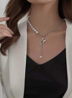 Pearl Butterfly Pendant Necklace Womens Summer Light Luxury
