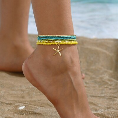 Beach Bohemian 6Piece Anklet Set with Shells Starfish for Eu