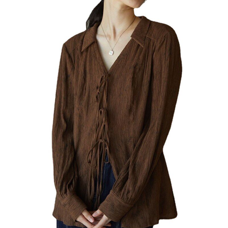 Wrinkle Texture Tie Waist Lapel Long Sleeve Shirt Top Womens