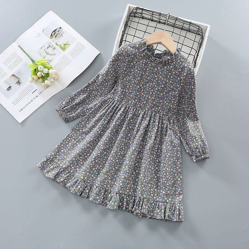 Korean Girls SpringFall Dress Aline Floral Cotton Long Sleev
