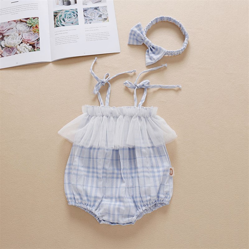 2025 Summer Girls Strappy Triangle Romper Mesh Grid Set Newb