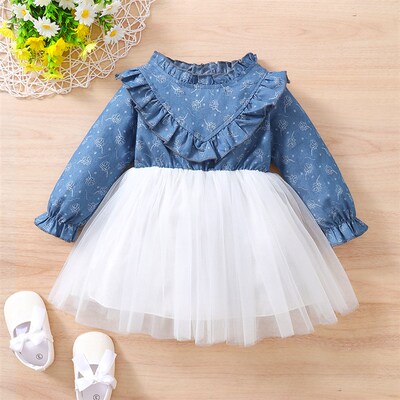 Girls SpringAutumn 2025 Denim Long Sleeve Printed Mesh Princ