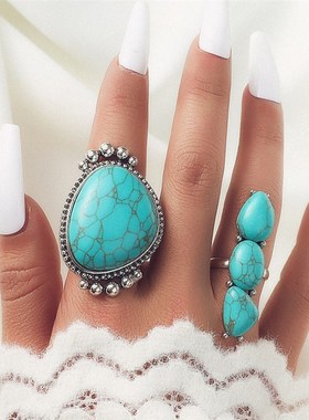 Retro Bohemian Style Big Turquoise 2Piece Set Rings for Wome