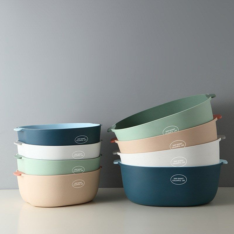 2Layer Drain Basket Fruit Plate Kitchen Basin Plastic Basket