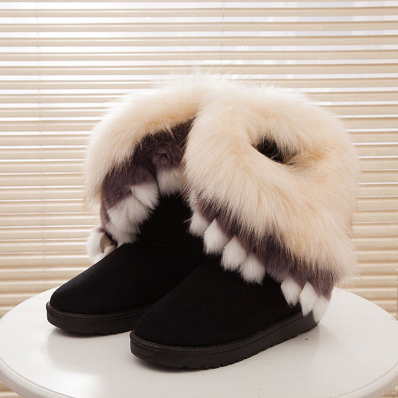 Winter Snow Boots Thick Plush Fox Fur Snow Boots Waterproof