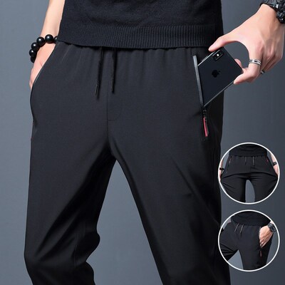 Icy Silk Pants for Men Loose Zipper Straight Slim Casual Tro