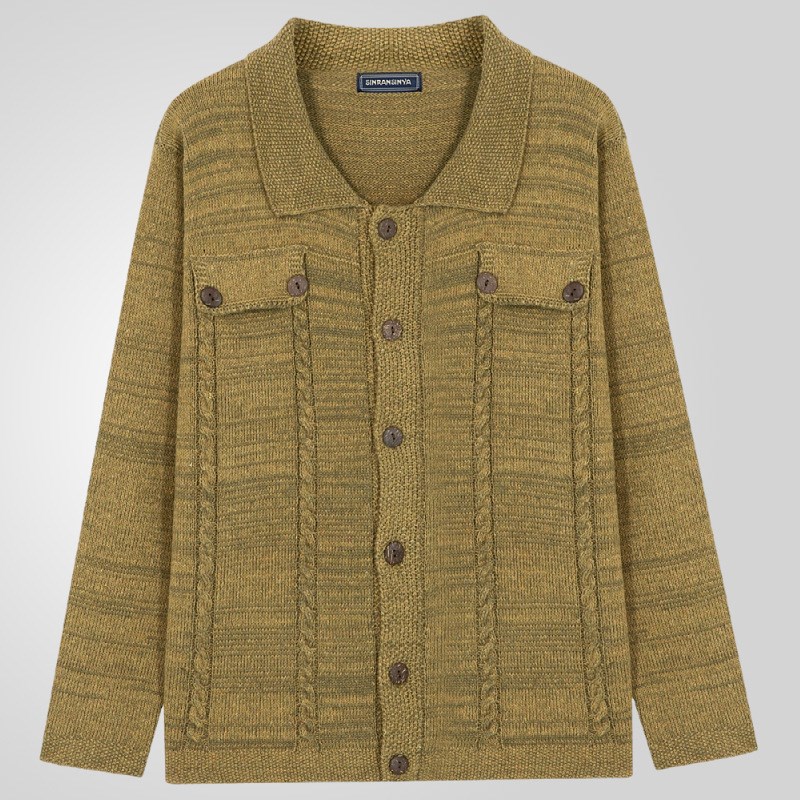 Mens AutumnWinter Long Sleeve Collared Single Button Knitted
