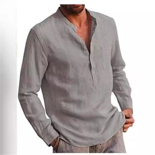 2025 Mens Long Sleeve VNeck Casual Beach Linen Shirt for Men